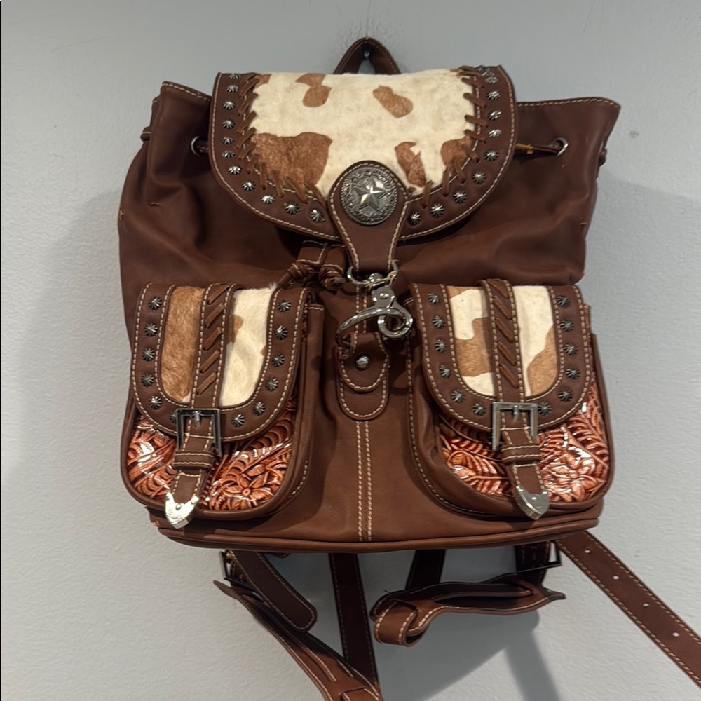 Cream and Brown Genuine Cowhide Leather Western Backpack with Rustic Charm